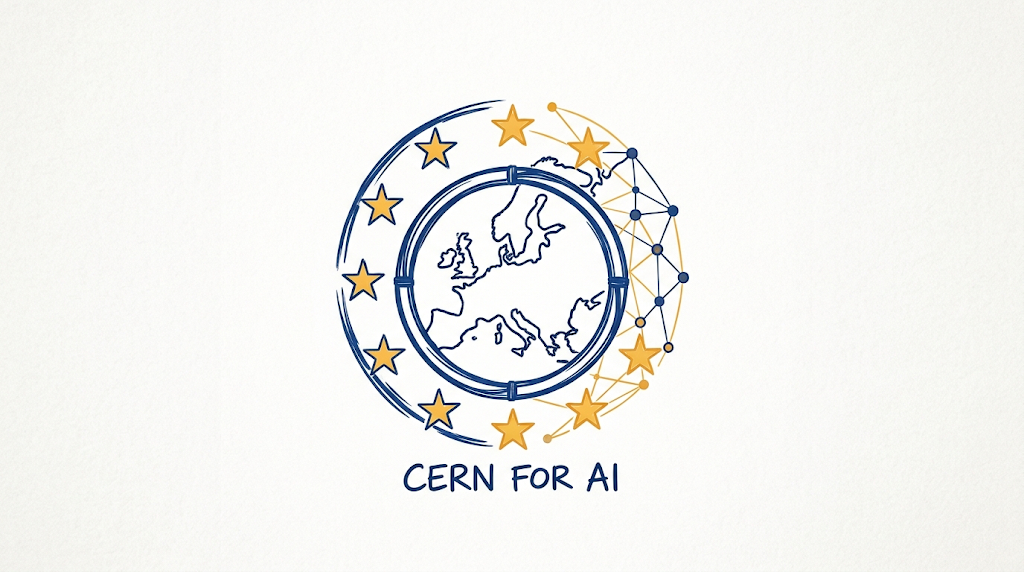 Illustration mit Europakarte, Sternen und einem Netzwerk, beschriftet mit CERN FOR AI